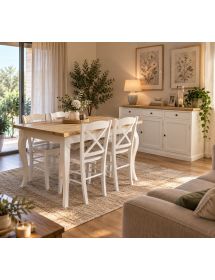 Composizione soggiorno 1 tavolo con sedie 1 credenza legno shabby bicolore vista frontale