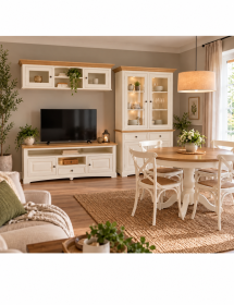 Mobile Soggiorno Shabby Chic Bicolore Bianco Anticato e Legno Naturale vista frontale