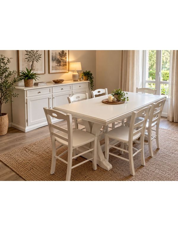 SALA DA PRANZO COMPLETA IN LEGNO SHABBY CHIC BIANCO OPACO CON TAVOLO, SEDIE E CREDENZA