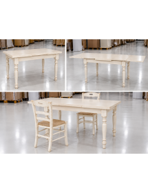 Tavolo Allungabile e Sedie con Seduta in paglia Bianco Anticato Shabby Arte Povera
