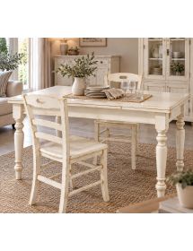 Tavolo Allungabile 120x80 con 4 Sedie con Seduta in Legno Bianco Anticato Shabby Arte Povera