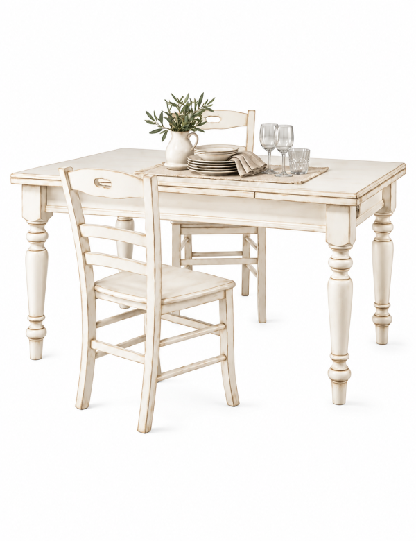 Tavolo Allungabile 120x80 con 4 Sedie con Seduta in Legno Bianco Anticato Shabby Arte Povera