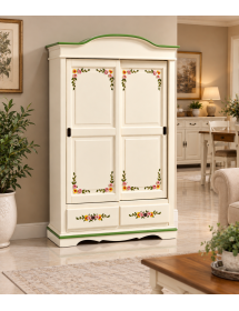 Armadio 2 ante scorrevoli legno shabby bianco decorato filo verde 1...