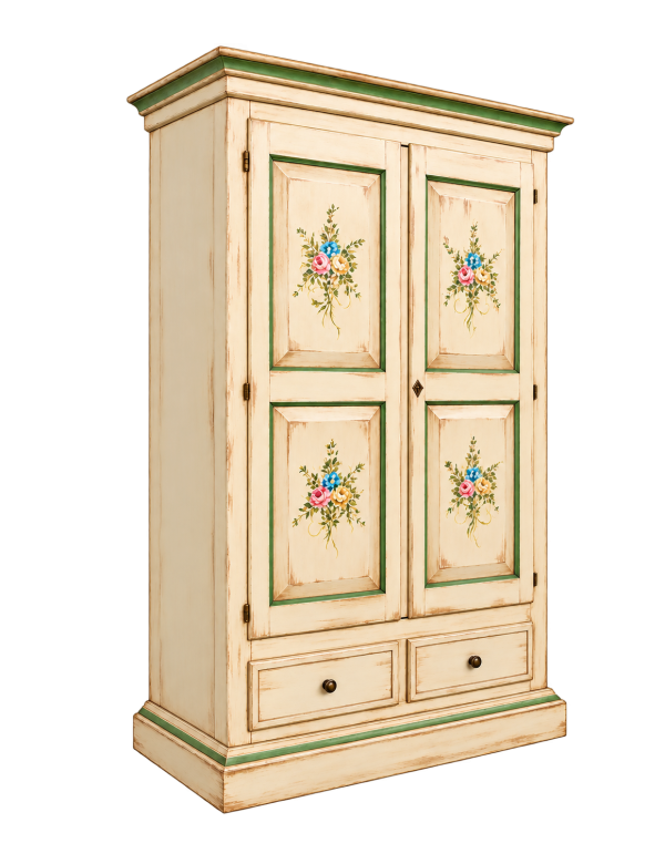 ARMADIO 2 PORTE IN LEGNO SHABBY AVORIO ANTICATO VERDE DECORI 125X61X200 vista frontale