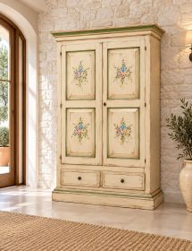 ARMADIO 2 PORTE IN LEGNO SHABBY AVORIO ANTICATO VERDE DECORI 125X61X200