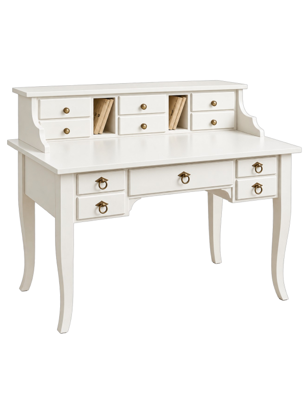 Scrivania 11 cassetti shabby legno bianco 120X57X104 vista frontale