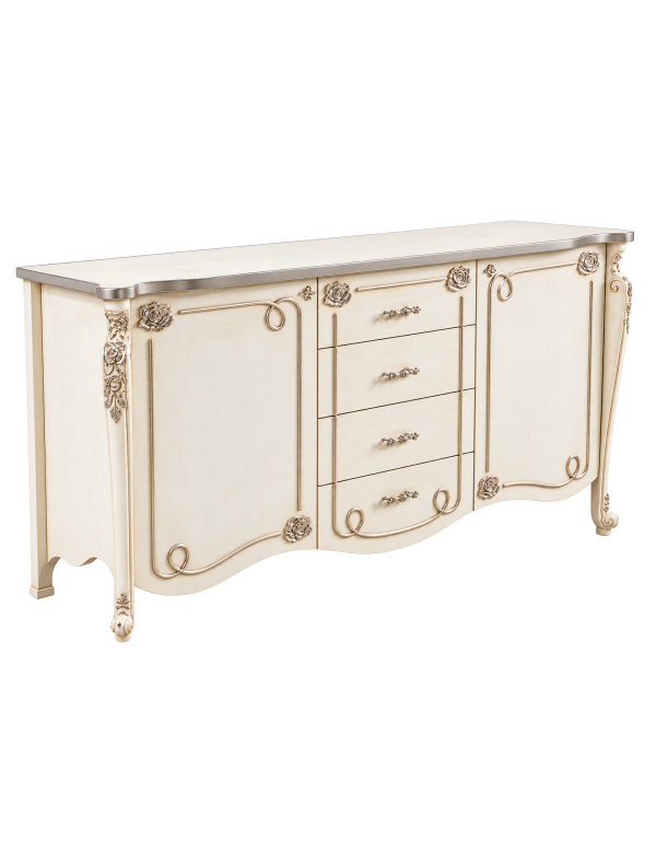 Credenza in legno shabby con rilievo bianco anticato argento/oro 193x58x111