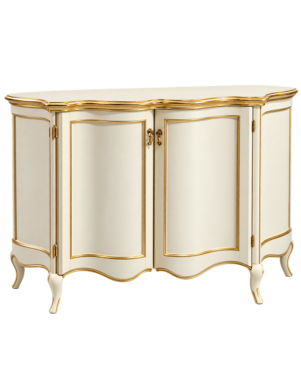 Credenza madia classica sagomata 2 porte legno avorio oro 124x38x90 vista frontale