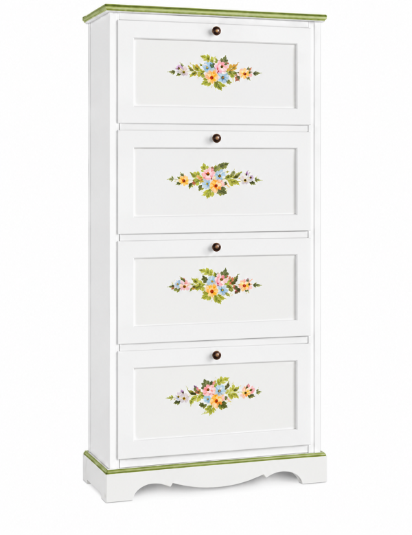 SCARPIERA 4 ANTE  LACCATO BIANCO  CON DECORAZIONI E PROFILI VERDI MISURE L.79 P.30 H.170 (505) vista frontale