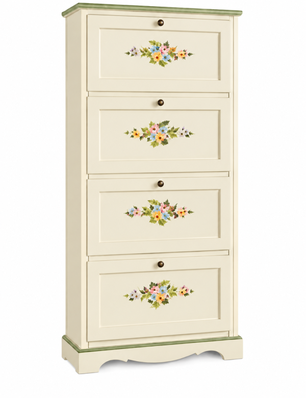 Scarpiera Classica 4 Ante Avorio con Profili e Decorazioni Verdi - L.79 P.30 H.170 vista frontale