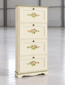 Scarpiera Classica 4 Ante Avorio con Profili e Decorazioni Verdi - L.79 P.30 H.170