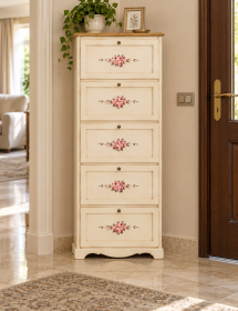 Scarpiera 5 ante ribalta legno shabby avorio anticato filo oro 79X30X210