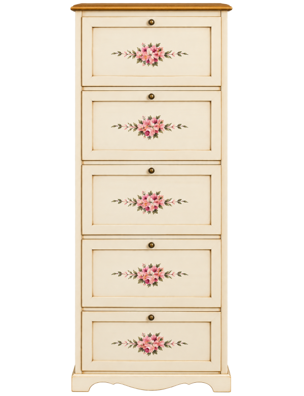 Scarpiera 5 ante ribalta legno shabby avorio anticato filo oro 79X30X210 vista frontale