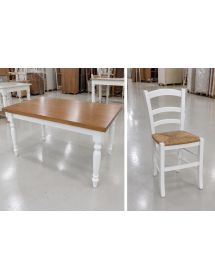 Set tavolo shabby gamba tornita 100x70 120x80 130x85 140x80 160x85 allungabile con 4/6 sedie seduta paglia