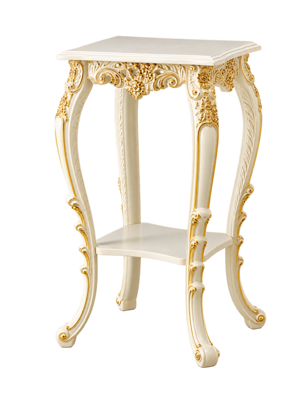 Tavolino Portafiori Barocco Laccato Avorio con Dettagli Foglia Oro 42x42x74 cm