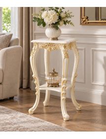 Tavolino Portafiori Barocco Laccato Avorio con Dettagli Foglia Oro 42x42x74 cm