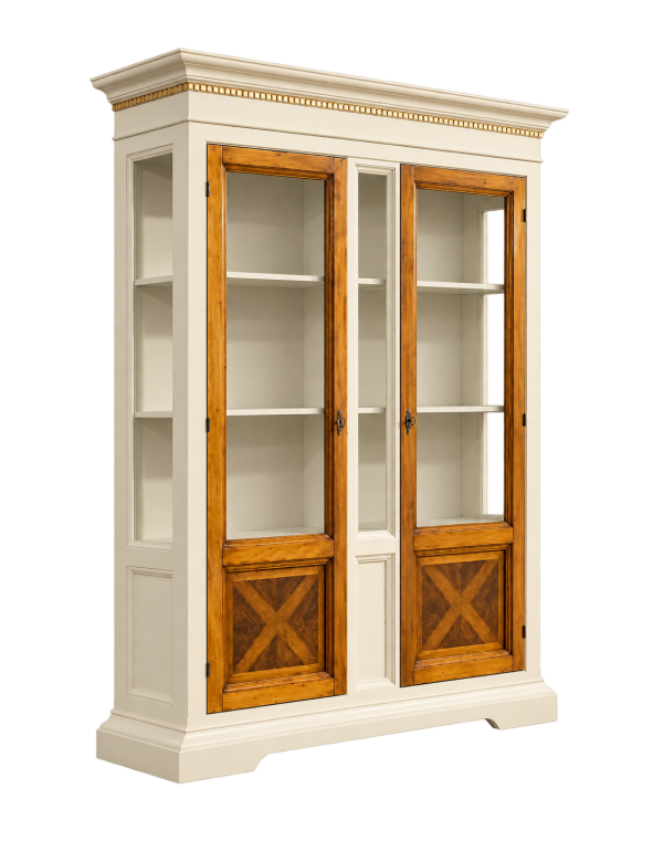 VETRINA 2 PORTE IN LEGNO CLASSICA AVORIO NOCE 146X53X213
