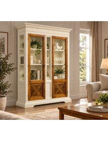 VETRINA 2 PORTE IN LEGNO CLASSICA AVORIO NOCE 146X53X213