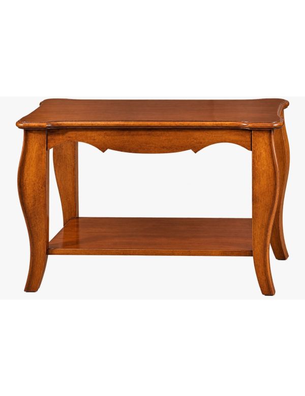 TAVOLINO SAGOMATO IN LEGNO MASSELLO CON RIPIANO TINTA NOCE MISURA L.81 P.42 H.56