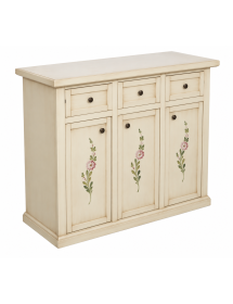 Credenza 3 porte 3 cassetti shabby avorio anticato decori 100x39x85 vista frontale