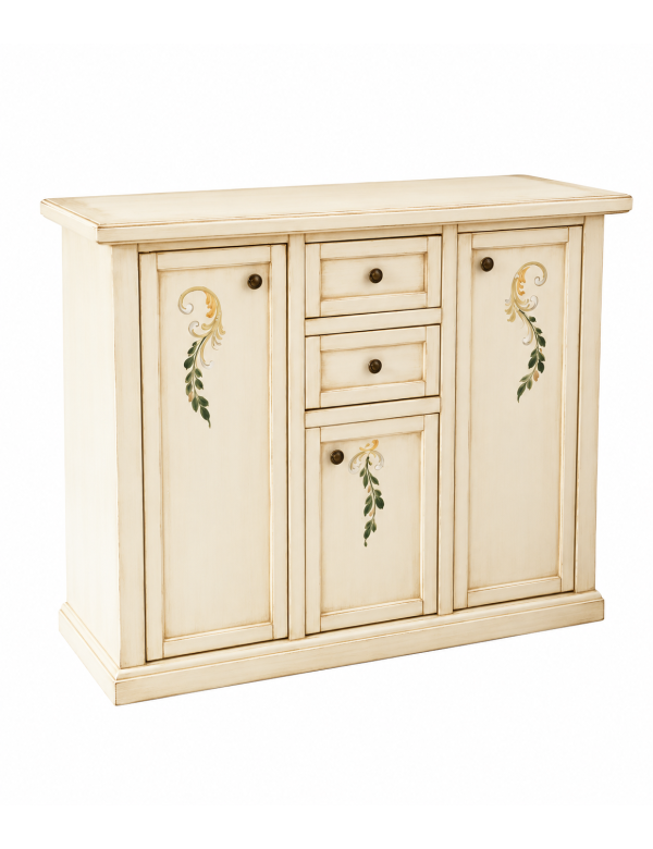 Credenza 3 porte 2 cassetti shabby avorio anticato decori 100x39x85