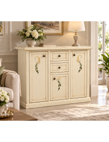 Credenza 3 porte 2 cassetti shabby avorio anticato decori 100x39x85
