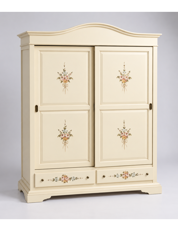 Armadio 2 ante scorrevoli legno shabby avorio decori 180X67X225