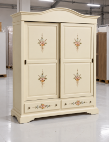 Armadio 2 ante scorrevoli legno shabby avorio decori 180X67X225 vista frontale