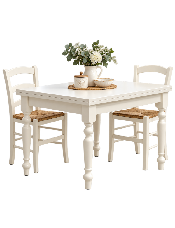 Set tavolo quadrato bianco 80x80 90x90 100x100 allungabile con 4 sedie seduta paglia