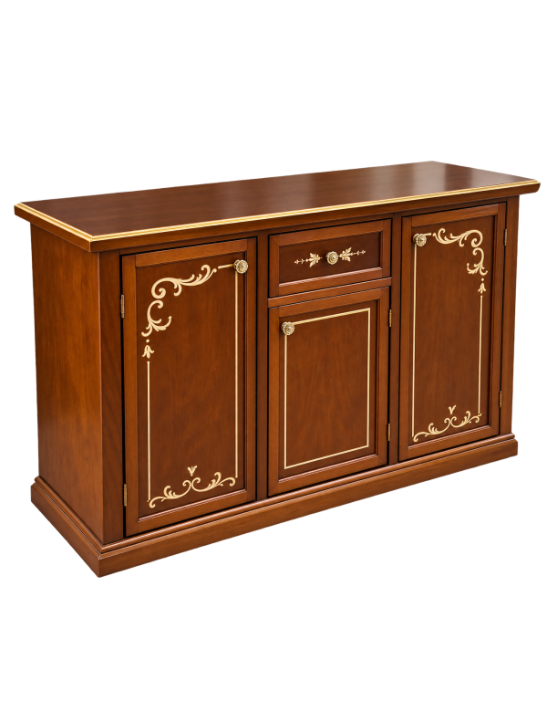 Madia Credenza Arte Povera Noce 3 Porte e 1 Cassetto con Decori Oro | L120 P39 H85 cm