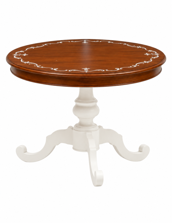 Tavolo Rotondo Allungabile in Legno Noce e Bianco Decorato 100-120 cm vista frontale