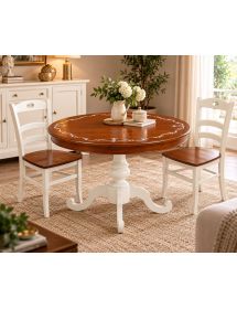 Tavolo Rotondo Allungabile in Legno Noce e Bianco Decorato 100-120 cm