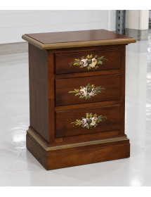 Comodino arte povera 3 cassetti legno noce scuro decori 50x38x65