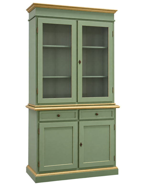 Cristalliera 2 porte shabby legno verde salvia filo oro 105x42x206 vista frontale