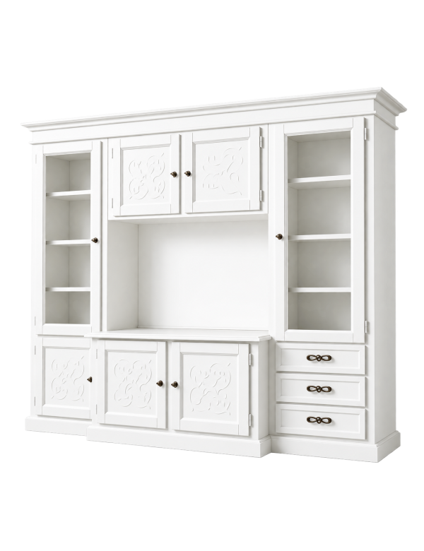 Parete attrezzata porta tv shabby legno bianco con rilievo 250x53x225