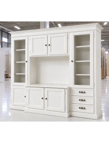 Parete attrezzata porta tv shabby legno bianco con rilievo 250x53x225