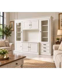 Parete attrezzata porta tv shabby legno bianco con rilievo 250x53x225