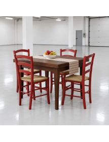 SET TAVOLO ALLUNGABILE CON 4 SEDIE ROSSE IN LEGNO NOCE CHIUSURA A LIBRO