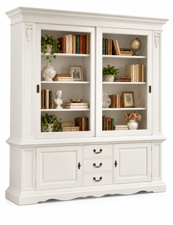 Libreria Cristalliera Bianca con Ante Scorrevoli in Legno - L 212 P 45 H 220 cm