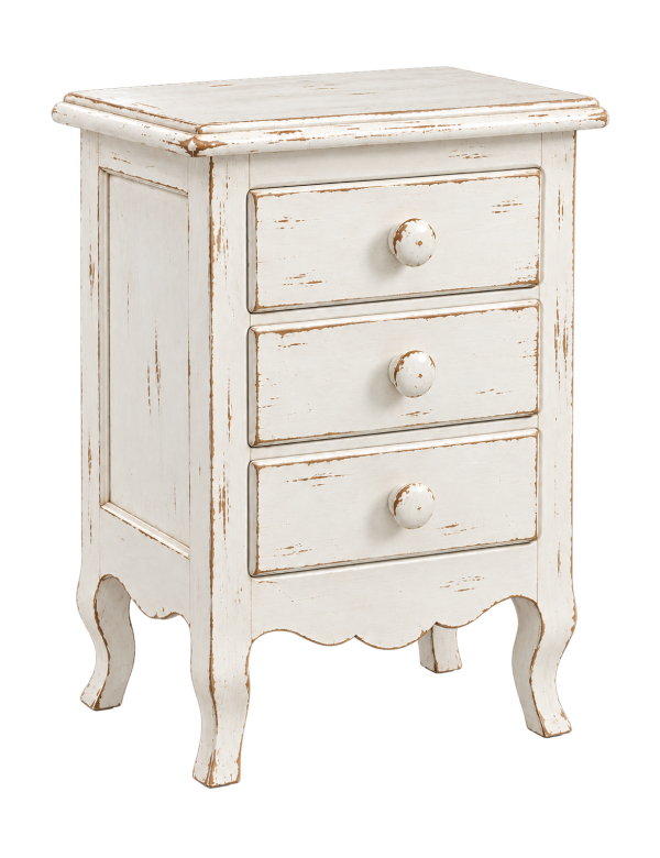 Comodino Legno Bianco consumato 3 Cassetti Stile Shabby Chic 43x32x64 cm