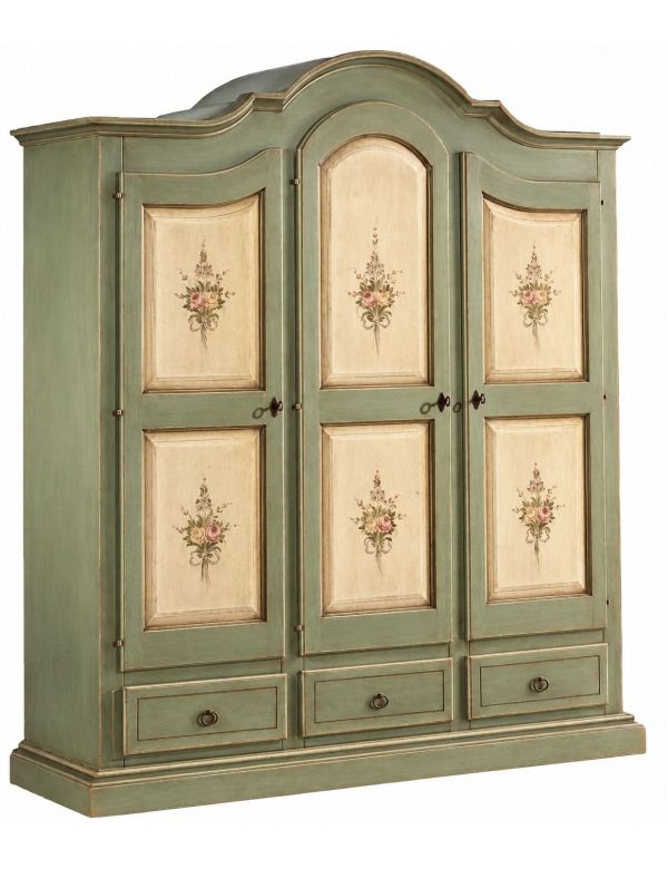 Armadio Shabby Chic 3 Ante e 3 Cassetti Verde Salvia e Avorio con Filo Ecrù - 185x62x220 cm
