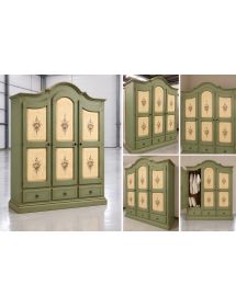 Armadio Shabby Chic 3 Ante e 3 Cassetti Verde Salvia e Avorio con Filo Ecrù - 185x62x220 cm