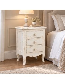 Comodino Legno Bianco consumato 3 Cassetti Stile Shabby Chic 43x32x64 cm