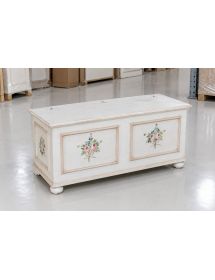 Cassapanca in legno shabby bianco anticato decoro filo rosa 116,5X40,5X46