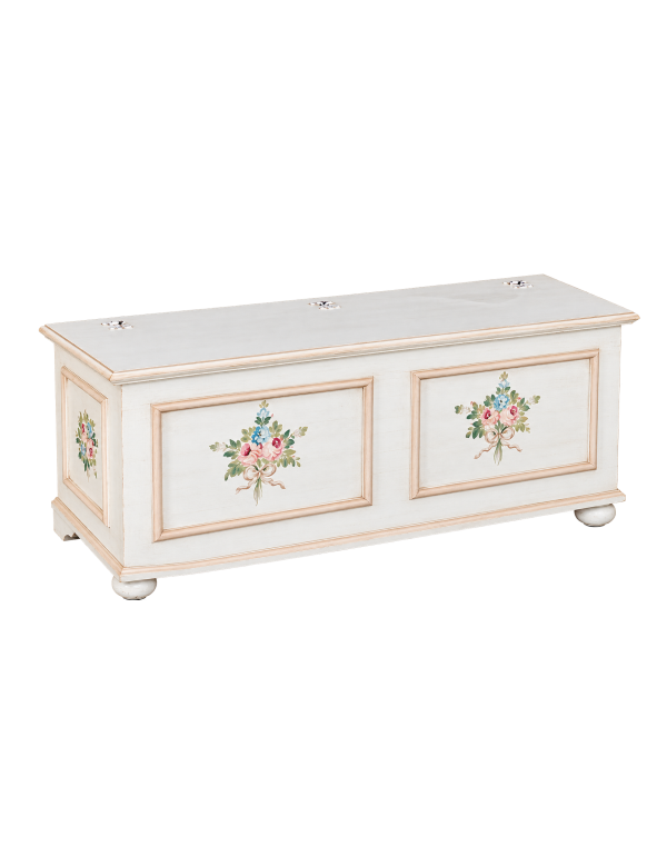 Cassapanca in legno shabby bianco anticato decoro filo rosa 116,5X40,5X46