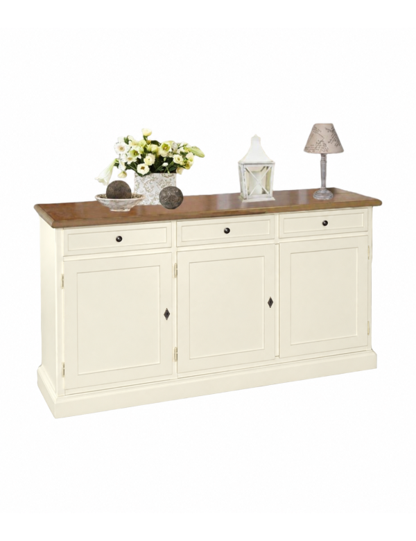 Madia Credenza 3 Porte in Legno Shabby Chic Bianco e Noce | 156 cm