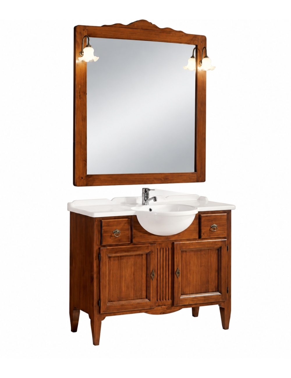 MOBILE BAGNO 108 CM IN LEGNO LAVABO 2 CASSETTI 2 PORTE E SPECCHIO