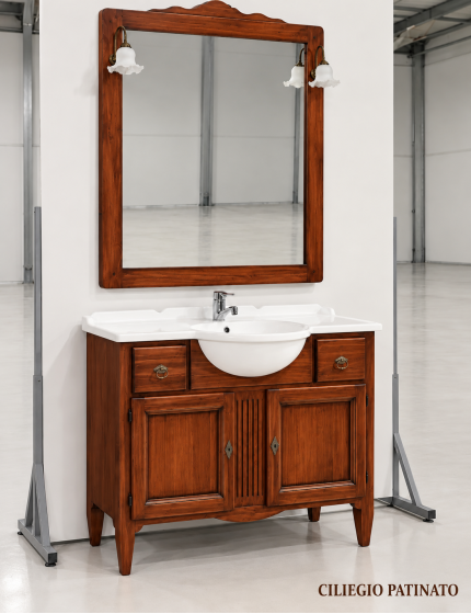 MOBILE BAGNO 108 CM IN LEGNO LAVABO 2 CASSETTI 2 PORTE E SPECCHIO