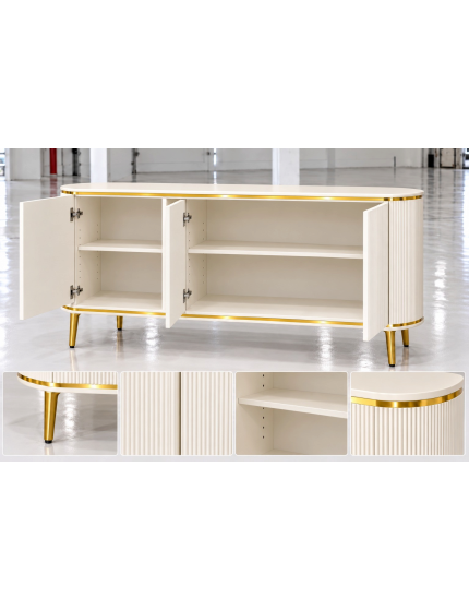 Credenza contemporanea cannettato 3 ante legno bianco oro cromo 157X50X85 (110)