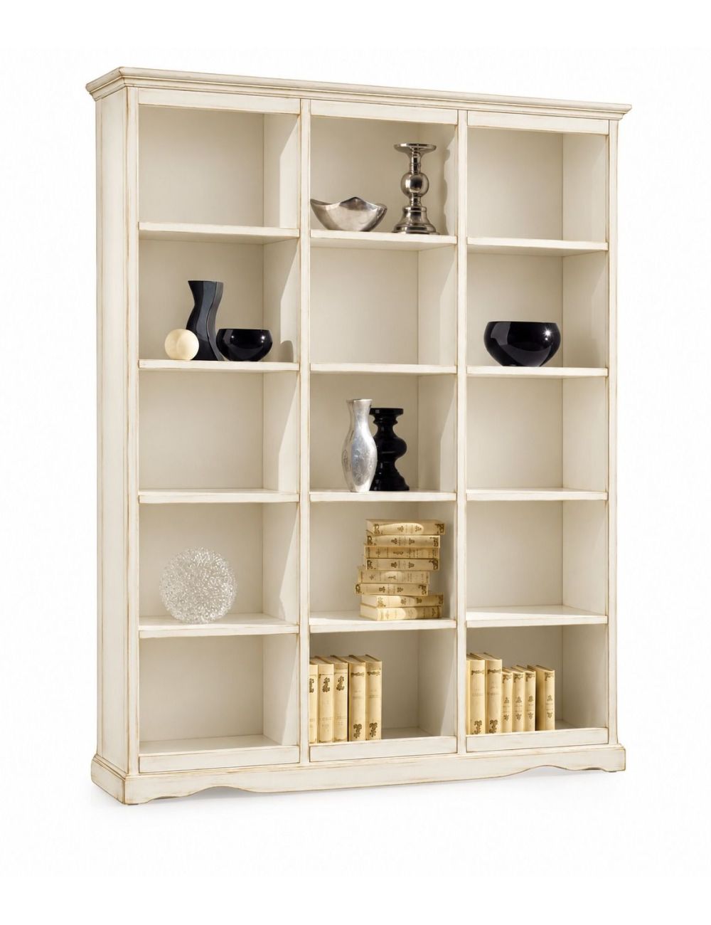 Libreria a Giorno Classica in Legno Bianco Anticato con Ripiani - 156x38x205 cm VISTA FRONTALE
